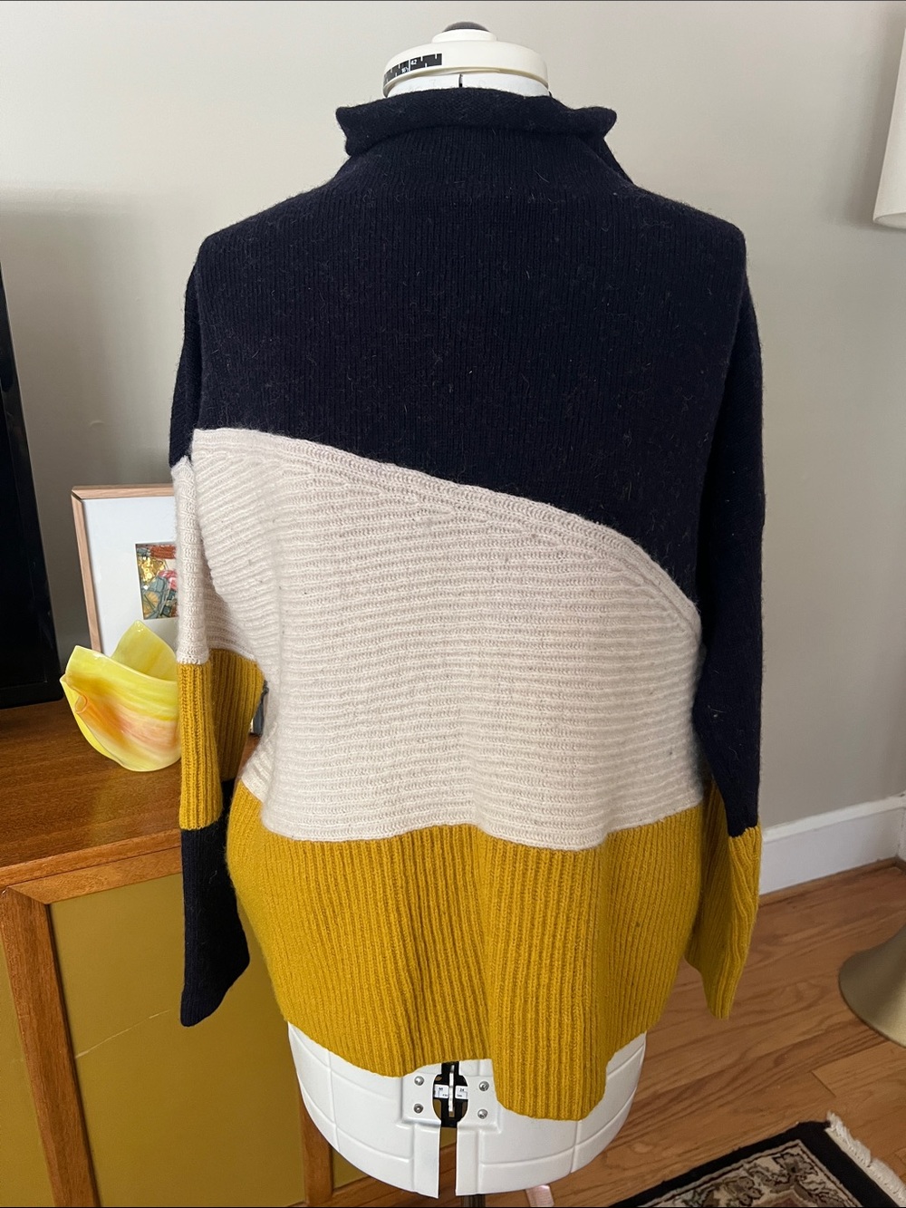 Colorblock Mock Neck Sweater in Navy, Cream & Mustard